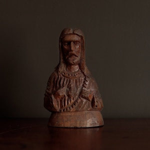 Vintage rough hewn Jesus statuette, wooden religious sculpture, functional folk art