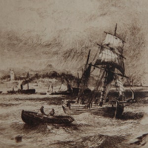 1888 framed etching, Roberet Ernest Roe artwork, Victorian nautical art, antique wall hanging
