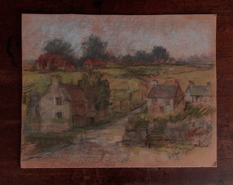 Vintage original artwork, pastel drawing of a rural hamlet scene, rustic village, countryhouse decor