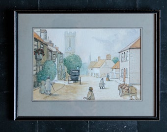 ヴィンテージのオリジナル ヤーマス水彩画とインク アート作品、ザ