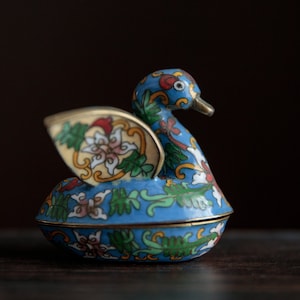 Old jewellery box, enameled brass swan trinket box, cloisonné jewelry box