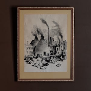 Vintage Staffordshire pottery bottle oven print, framed wall hanging, Copeland Spode works, 18th 19th century ceramic kilns