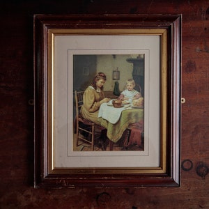 Old framed print, sisters at suppertime, English high tea, artist unknown, rustic farmhouse decor