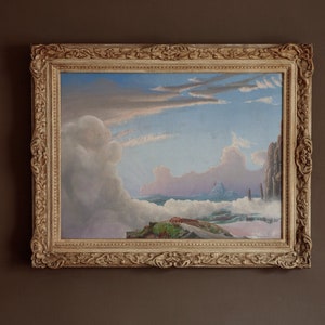 Vintage original oil painting, mountain top view amongst clouds, Werner Haub artwork, mid century art