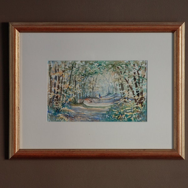 Vintage original watercolour painting, woodland walk, colourful wall hanging artwork