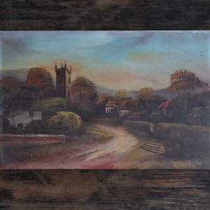 Antique original oil on wood, H.Burton English country village artwork
