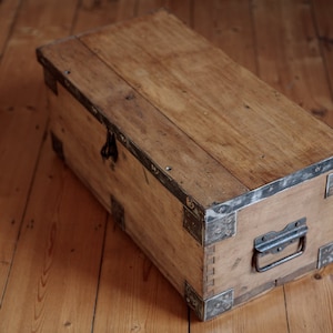 Vintage pine wood storage chest, rustic home organisation, classic farmhouse aesthetic