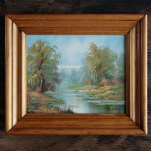 Pintura al óleo original vintage, escena de verano junto al río, obra de arte enmarcada para colgar en la pared.