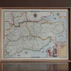 Mapa del viejo suroeste de Inglaterra, impresión litográfica del mapa pictórico de Christopher Saxtons de Kent, Sussex, Surrey y Middlesex