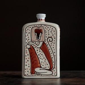 Vintage Sekhmet studio pottery flask, hand painted Egyptian goddess, handmade ceramic vase with stopper