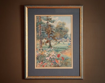 Vintage original painting, summer gardens,  colourful framed artwork, wall hanging decor