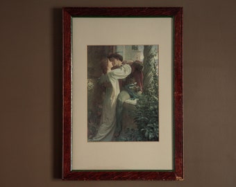 Vintage Romeo & Juliet print, Farewell, farewell, one kiss and I&#39;ll descend, framed Frank Dicksee artwork, romantic aesthetic home decor