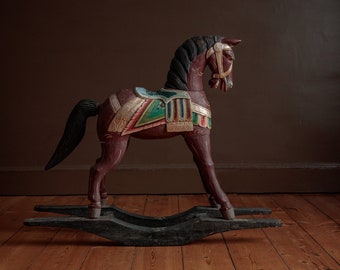 Antique rocking horse, hand carved wooden rocking horse, polychrome folk art decor