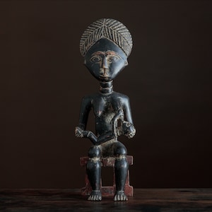 Vintage folk art wood carving, mother and child, African home decor