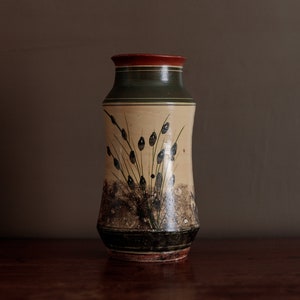 Vintage studio pottery vase, hand painted terracotta vessel, signed by Moutserrat