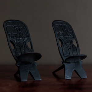 Vintage pair of mini African chair ornaments with Elephants, African folk art decor
