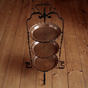 Old 3 tier wrought iron and copper cake stand, metal plant stand, traditional home decor