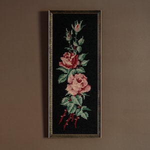 Vintage dark floral embroidery, pink roses, framed wall hanging tapestry
