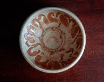 Vintage studio pottery bowl, handmade floral dish, folk art home decor