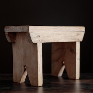 Vintage pine wood milking stool, hand made wooden footstool, rustic home decor