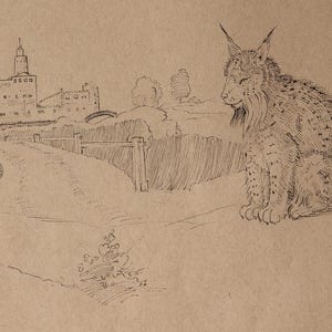 May include: A detailed pen and ink drawing of a lynx sitting in front of a castle. The drawing is on tan paper, with the lynx in the foreground and the castle in the background. The castle has a tall tower and a bridge.