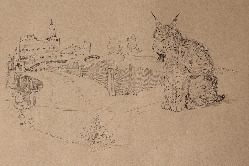 May include: A detailed pen and ink drawing of a lynx sitting in front of a castle. The drawing is on tan paper, with the lynx in the foreground and the castle in the background. The castle has a tall tower and a bridge.