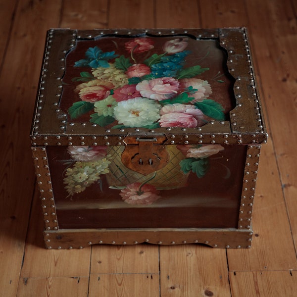 Vintage hand painted wooden chest, folk art floral trunk, unique storage box