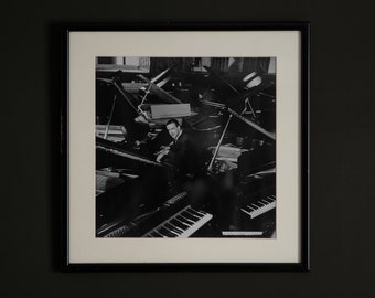 Vintage pianist portrait print, framed black and white photograph, unique musician portrait