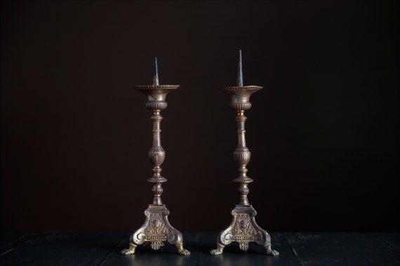 2x Antique gilded pricket candlestick holders, cherub motif candle holders, classic home decor