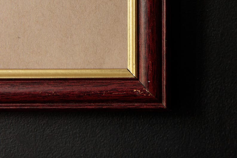 May include: Close-up of a framed artwork. The frame is a dark reddish-brown with a gold inner edge. The artwork itself is a light tan color. The frame has some minor wear and tear. The background is black.