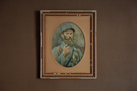 Old framed Georges Bertin Scott print, La Medaille Militaire, French Poilu soldier, WWI artwork, wall hanging decor