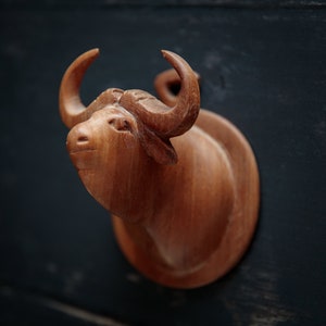 Vintage wooden wall hanging, small hand carved bull, folk art decor