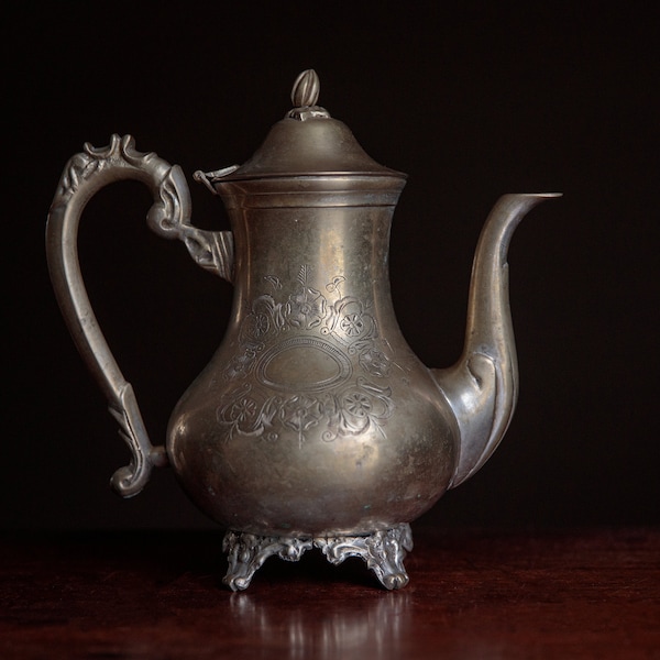 Antique engraved coffeepot, decorative EPNS jug, classic English home decor