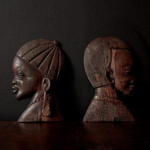 Vintage African wall hangings, hand carved wall plaques, his and hers home decor,