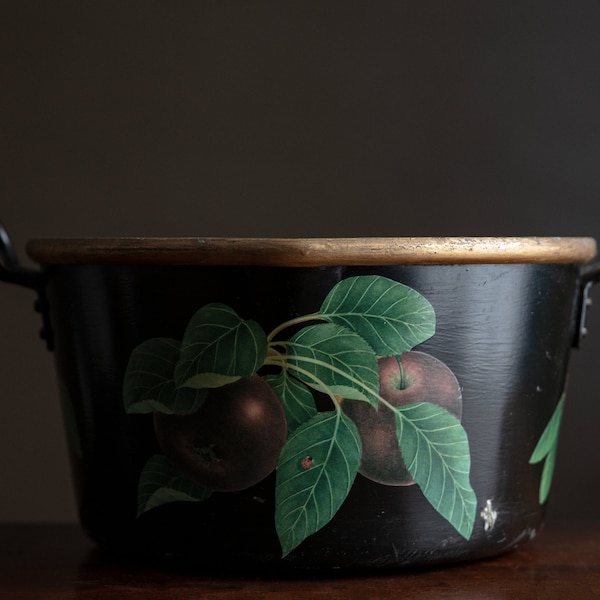 Vintage metal tub with decoupage orchard fruits, decorative planter, rustic farmhouse