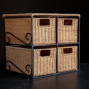 Vintage desktop scrollwork and wicker storage unit, rustic home organisation, farmhouse aesthetic