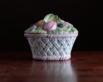 Vintage majolica lidded pot, mid century pottery, basket of fruit, cute home decor and storage
