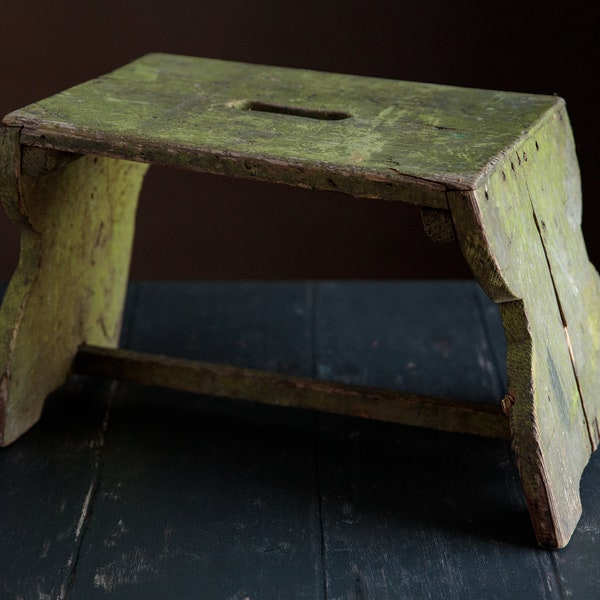 Antique wooden stool, very rustic green painted stool with lichen, unique plant stand