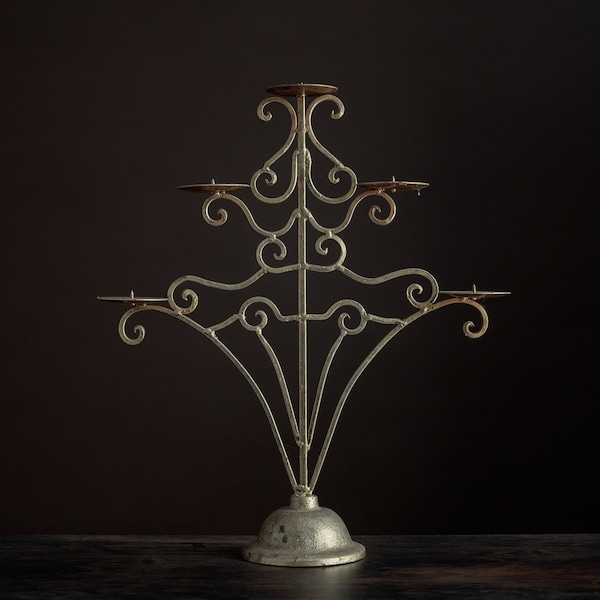 Vintage wrought iron candelabra, gilded candle holder, sculptural torchère