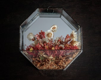 Vintage mirrored terrarium with dried flowers, wall hanging folk decor, eclectic aesthetic