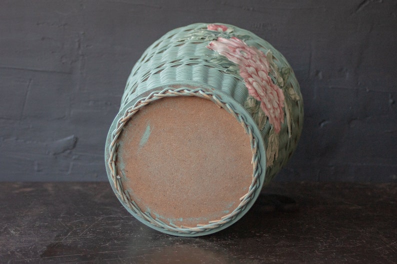 decoupage floral fabric mint green /& pink Vintage wicker bin wastepaper basket