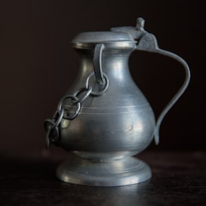 Old Italian mini pewter tankard with chain detail, unusual home decor
