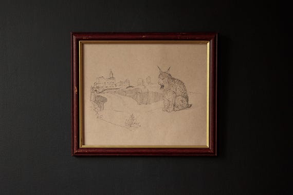 Original Ink Drawing After Albrecht Durer, Framed Lynx Drawing, Eclectic Home Decor