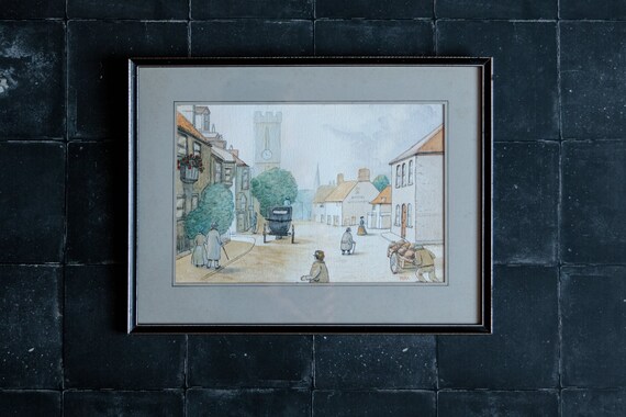 ヴィンテージのオリジナル ヤーマス水彩画とインク アート作品、ザ