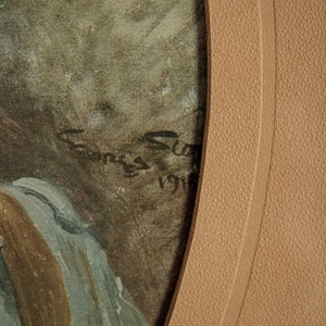 Pode incluir: Um close-up de uma pintura em aquarela com um esquema de cores marrom e azul. A pintura &eacute; assinada "Sanges Sun 1911" no canto inferior direito.