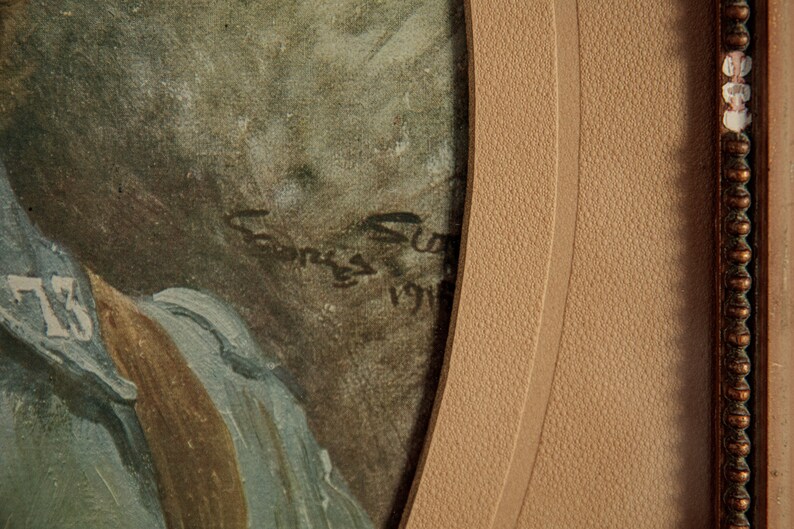 Pode incluir: Um close-up de uma pintura em aquarela com um esquema de cores marrom e azul. A pintura &eacute; assinada "Sanges Sun 1911" no canto inferior direito.