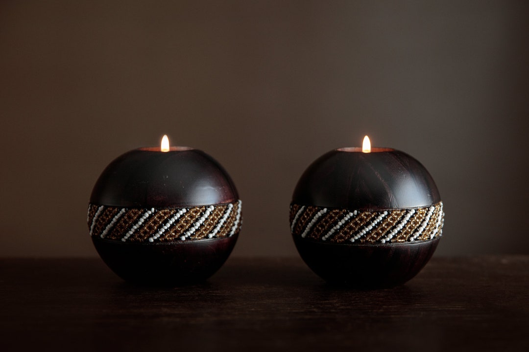 Vintage African Candle Holders Beaded Wood Tealight Holders Etsy