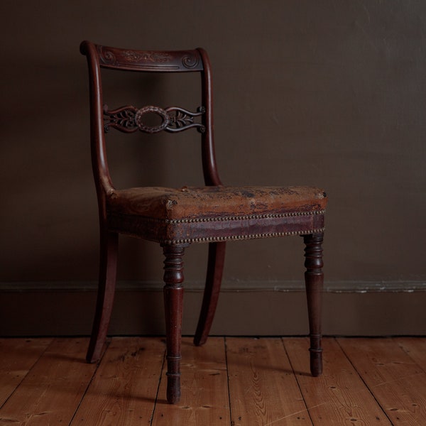 Ultra time worn antique wooden chair with leather seat, classic design, wabi sabi home decor