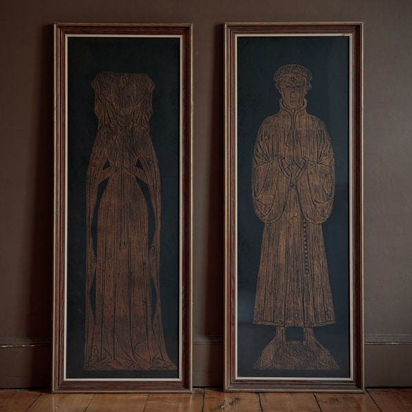 Vintage medieval brass rubbings, matching pair of framed monumental brass rubbings in gold, unique wall hanging decor