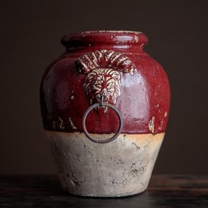 Antique lions head vase, semi glazed pot, classic home decor
